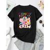 Camiseta Feminina de Manga Curta Tamanho Europeu com Estampa Colorida de Doces e Balas - Letras em Inglês e Padrões de Cana - Casual com Gola Redonda