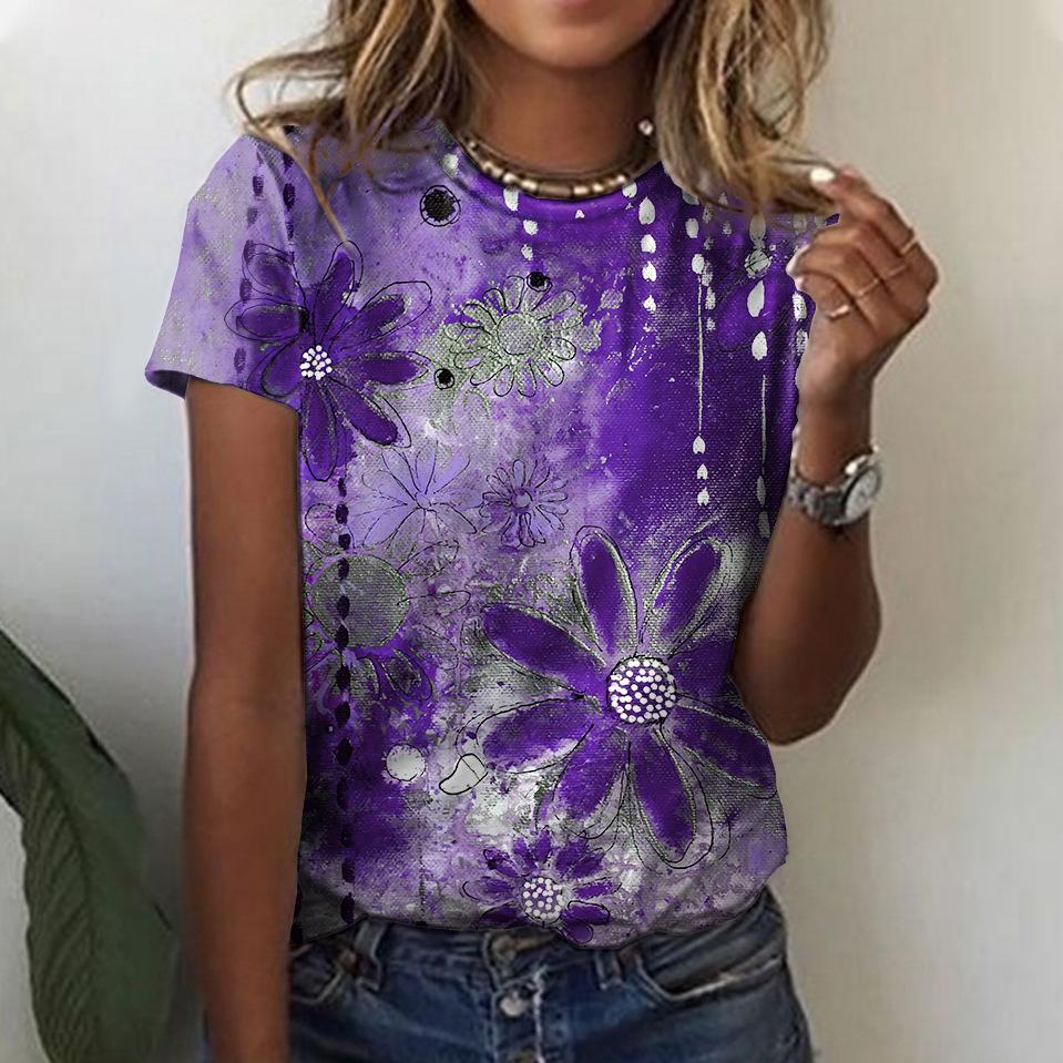 Women's Summer Loose 3D Printed Floral Round Neck Pullover Short Sleeved Top T-shirt