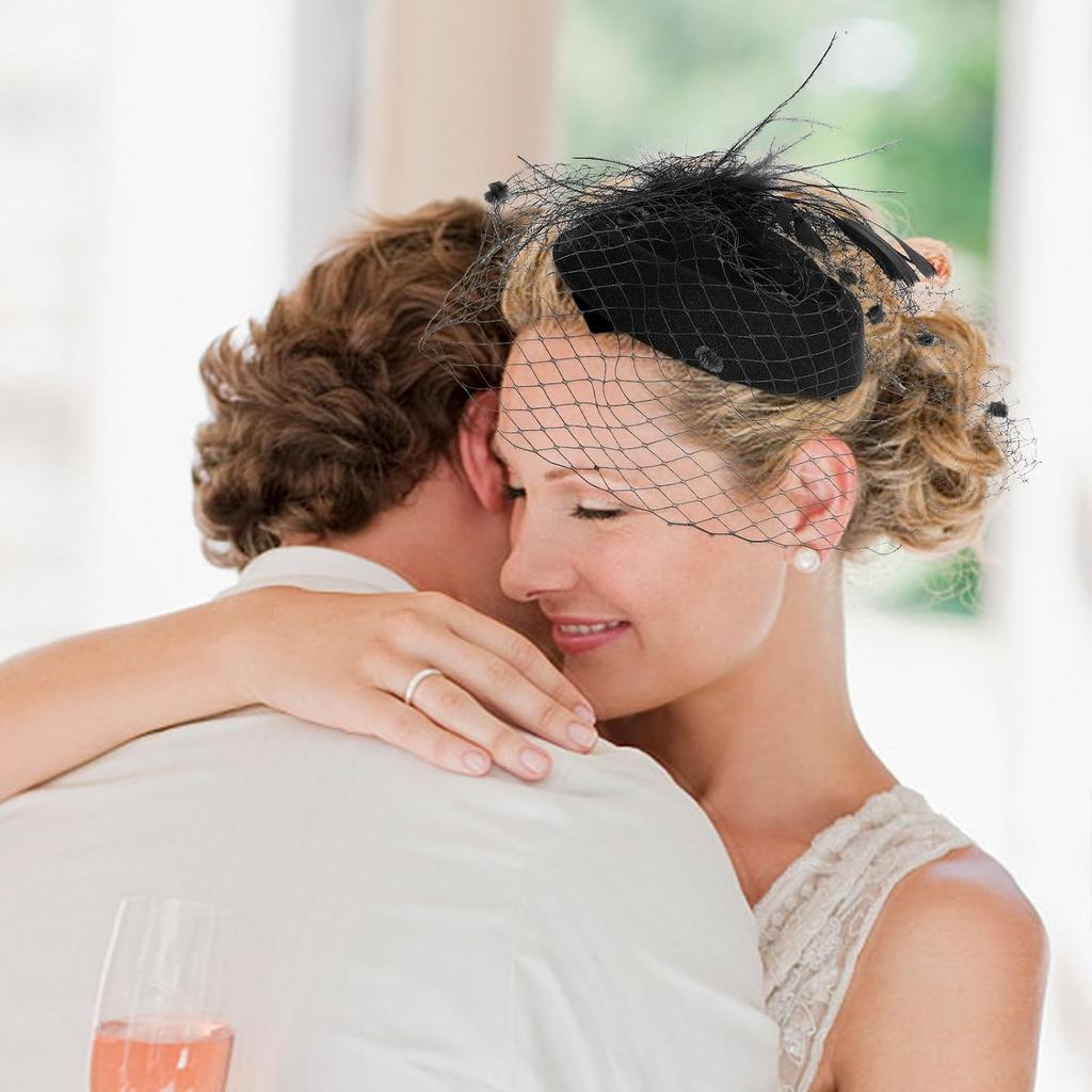Fascinator Headband with Veil, Bridal Wedding Hair Accessory for Women, Party and Tea Ceremony Special Occasion Mesh Hat Black