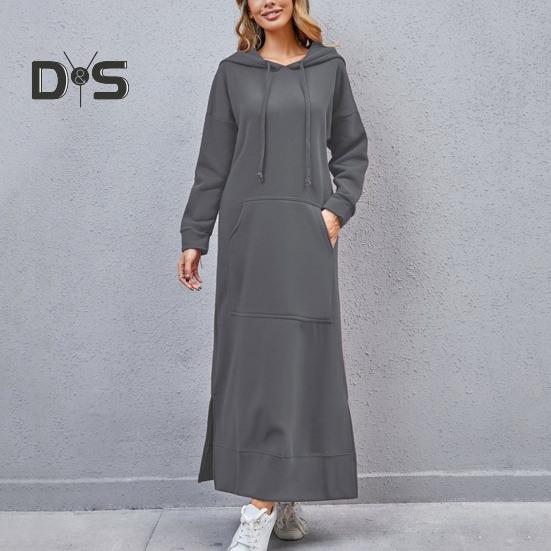 Kvinner Høst Vinter Ensfarget sweatshirtkjole Hette med snøring Langermet frontlomme sidesplitt maxikjole