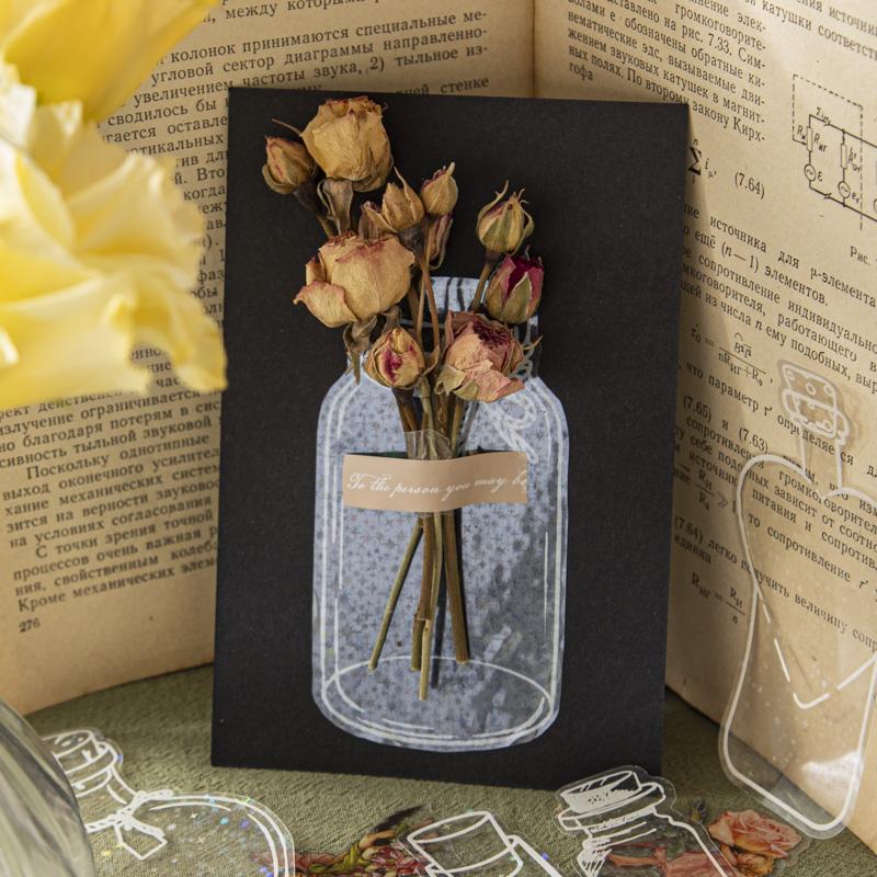 PET Sticker Transparent Plant Flower Botttle Handbook Retro Floral Decoration Stickers DIY Scrapbook Collage Photo Frame