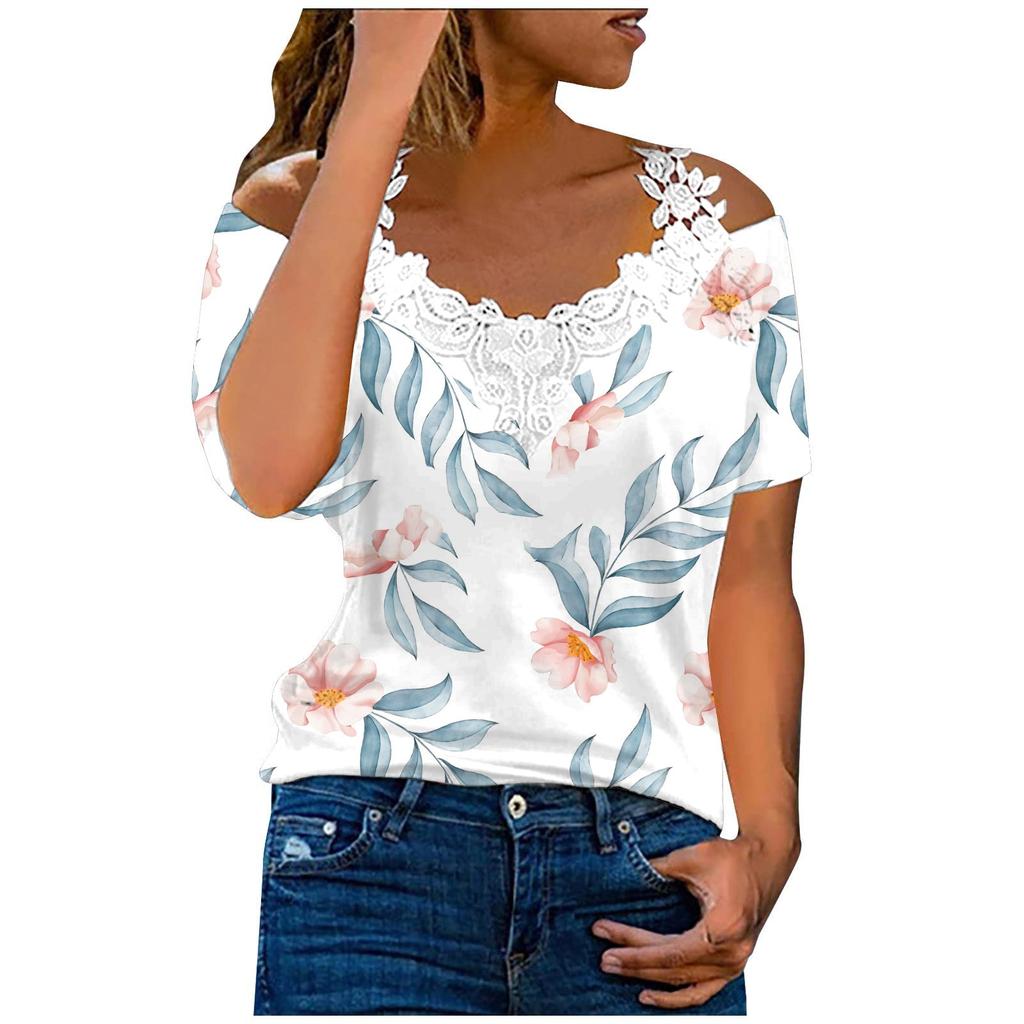 Top da donna con scollo a V e patchwork di pizzo, maglietta a maniche corte stampata, top tunica
