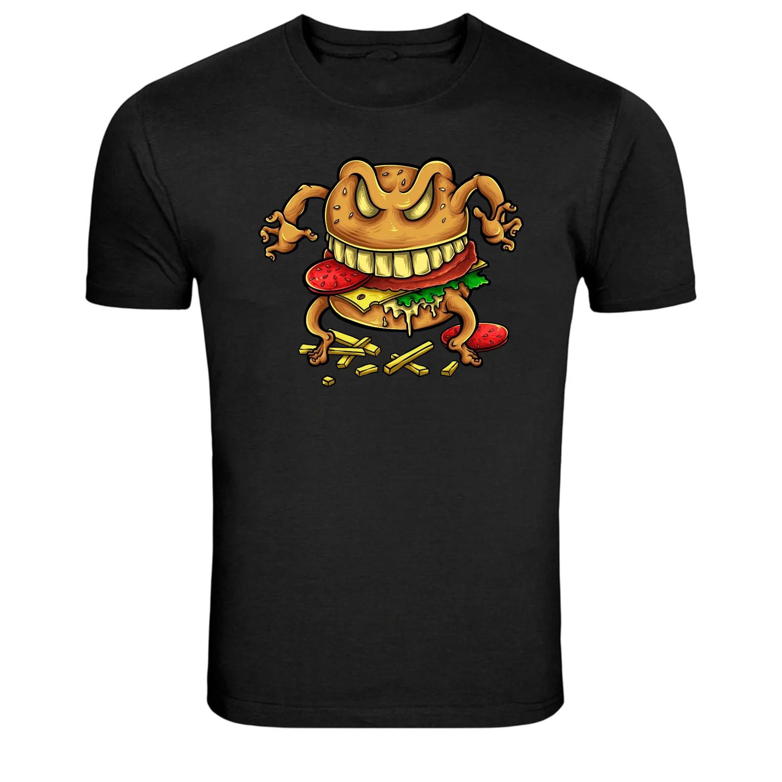 Crazy Burger Monster Fast Food Cartoon Graphic T-Shirt 3XL