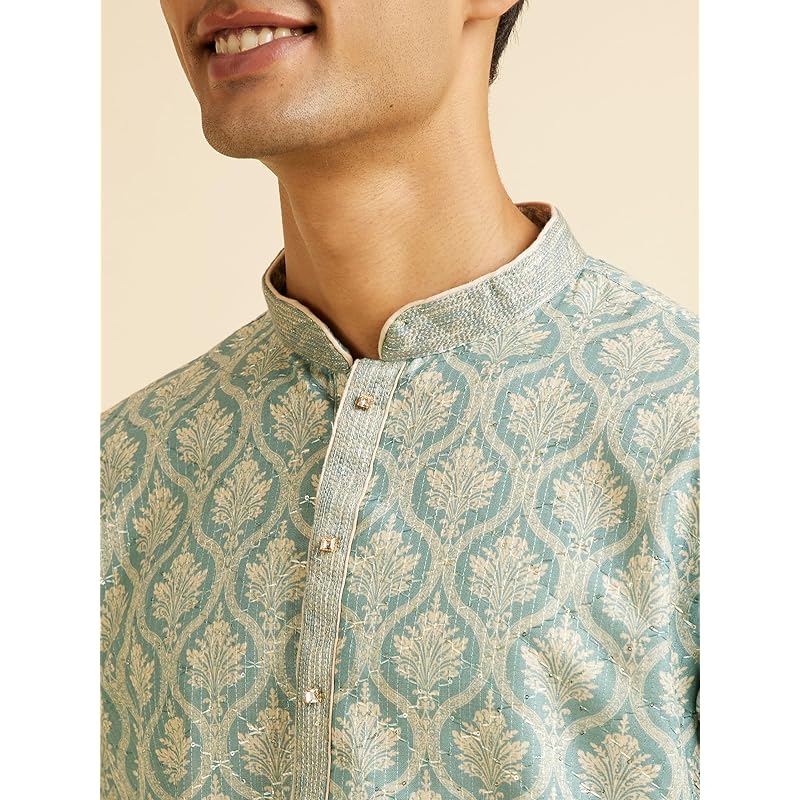 Manyavar Men s Cotton Blend Printed|Embroidered Kurta Pyjama Set (Green,XL) XL зелёный