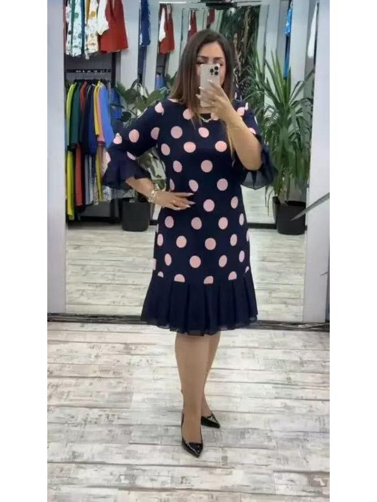 

European & American Style Polka Dot Pleated Ruffle Dress with Patchwork Sleeves XXXL