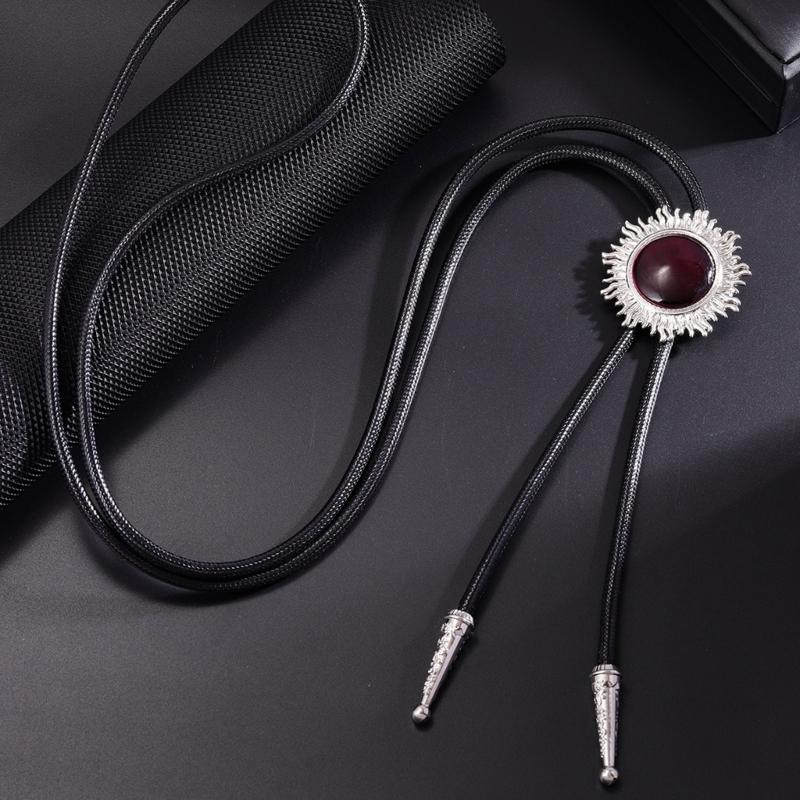 Vintage Sun Shape Gem Stone Bolo Tie Cowboy Costume Accessory for Men and Women Western Braided Cord Necktie Necklace