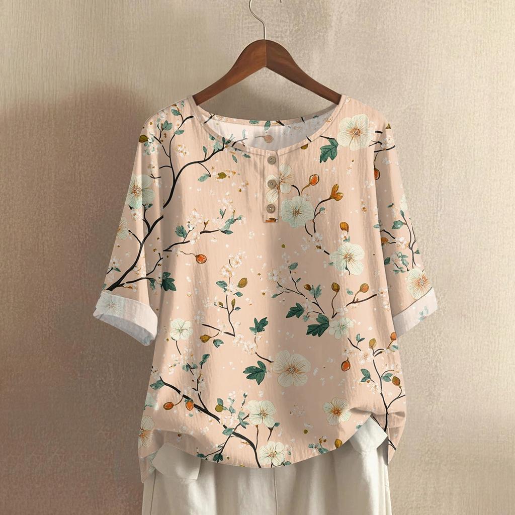 Women's Fashionable And Casual Shirt Half-sleeve Round Neck Print Blouse Top