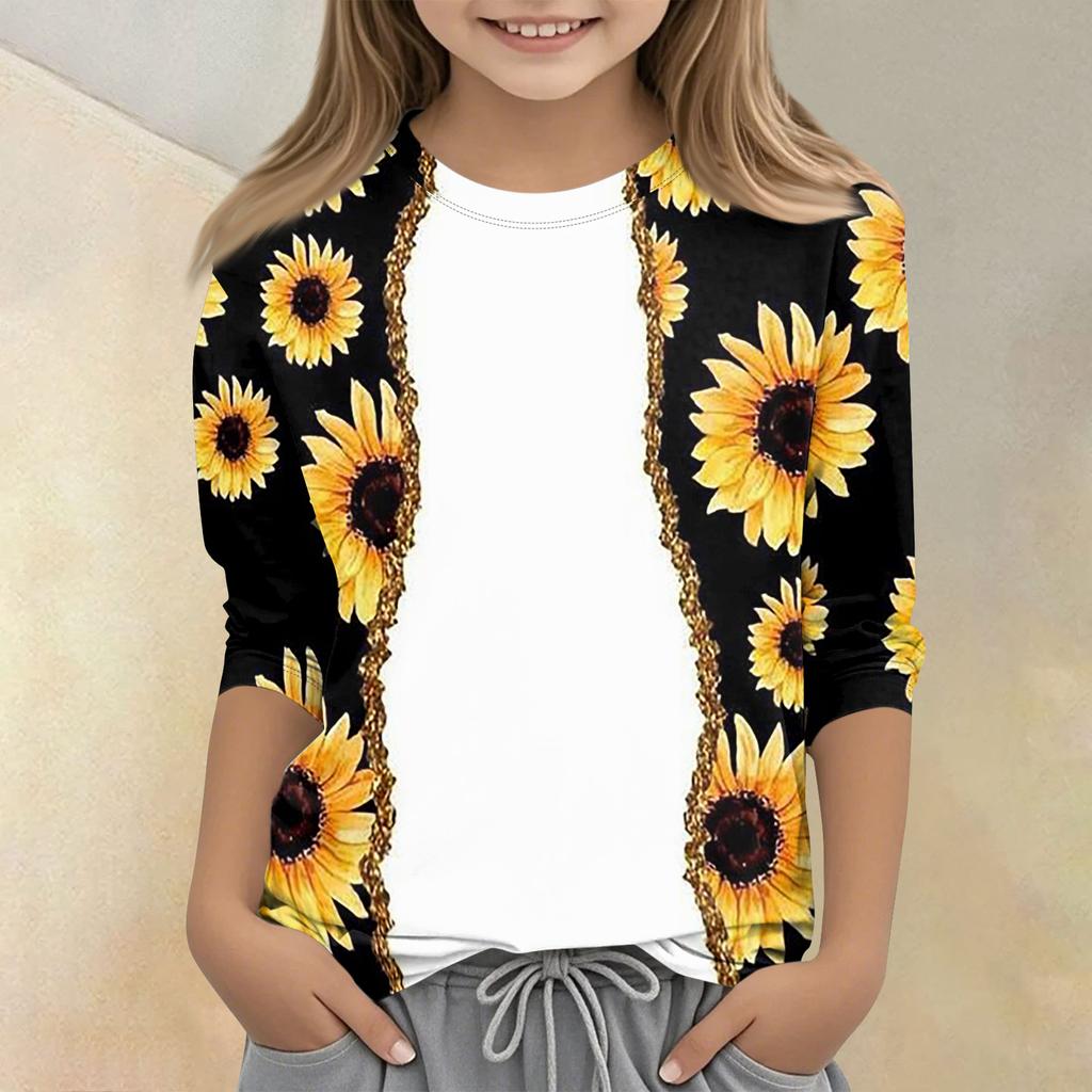 Kinder bedrucktes Rundhals Siebenviertelarm Freizeit T-Shirt