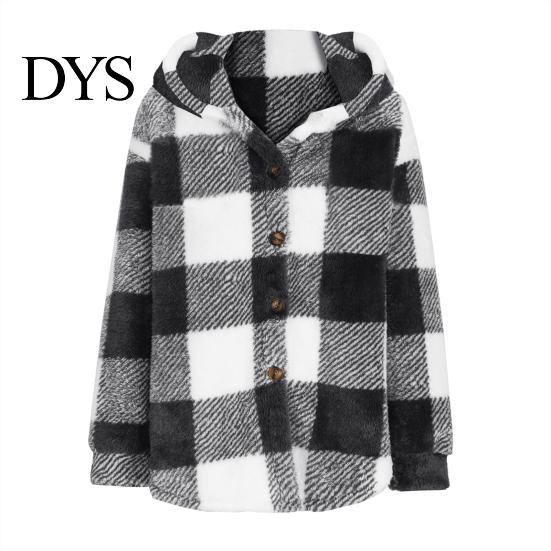 Women Jacket Lady Winter Coat Plush Lined Flannel Conrast Color Plaid Print Design Outerwear Hooded Single-breasted Thick Loose Long Sleeves Casual