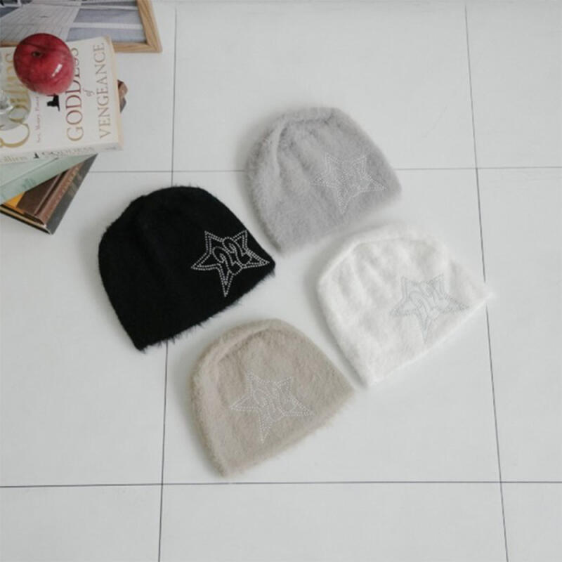 Women s FW Studded Short Fur Beanie Hat C8547_White