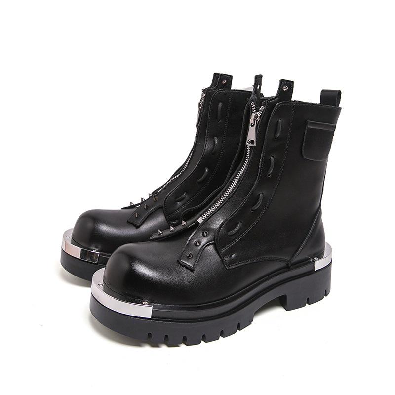 Herbstliche High-Top Lederstiefel - Dicksohlige Reißverschluss-Stiefeletten für Herren im britischen Stil, höhenerhöhende Freizeit- und formelle Kleidung.