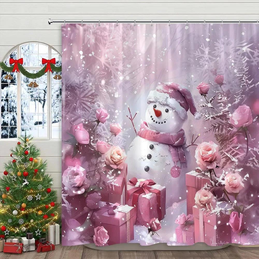 Pink Christmas Printed Shower Curtain Cute Snowman and Christmas Tree Gift Polyester Shower Curtains Bathroom Decor with Hooks