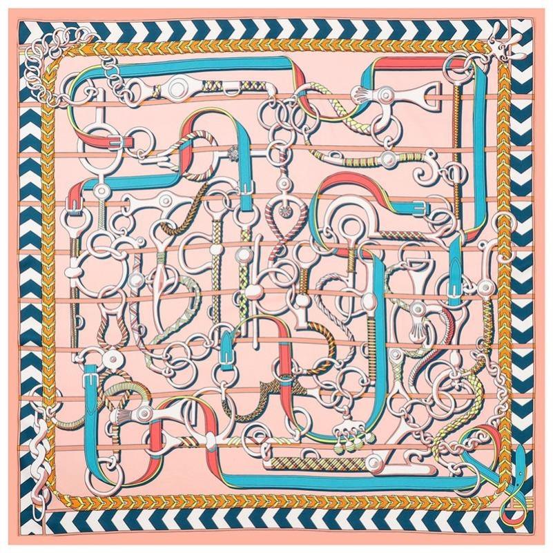 POBING Silk Scarf Luxury Brand Melt Chain Neckerchief Muslim Headscarf Square Scarves Lady Foulard Female Bandana 100*100CM