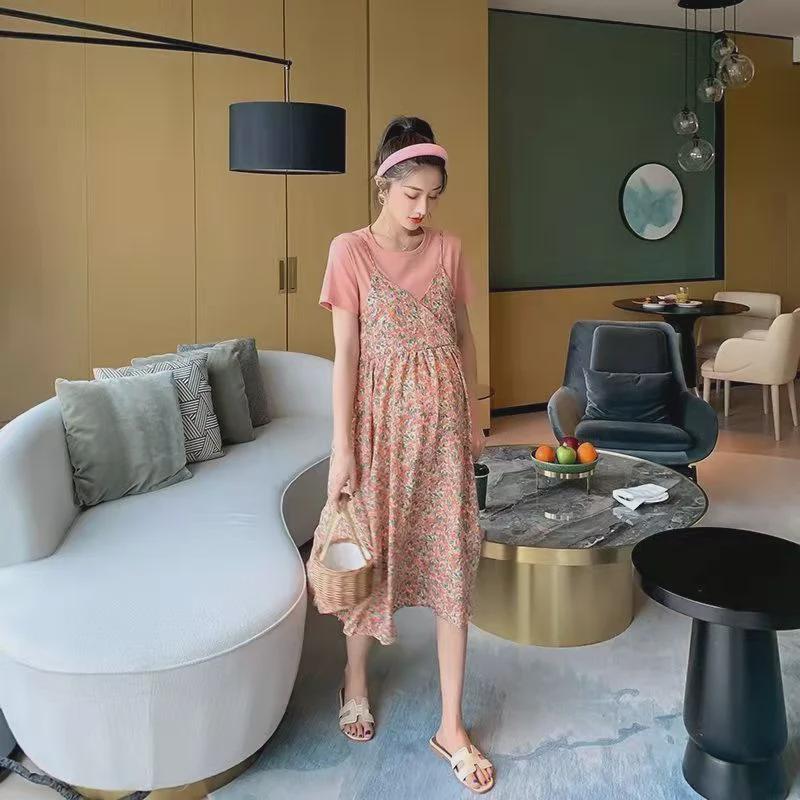 019 Grenzüberschreitendes Sommer-Umstandskleid in Midilänge mit Aufdruck: Kurzärmeliges Chiffon, Falsches zweiteiliges Design