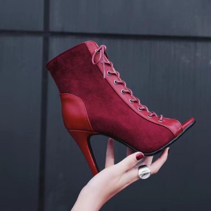 Lace Up High Heels Cool Boots for Women Suede Boots with Exposed Toes Sexy Style Luxury Party Heeled Sandals Botas Mujer