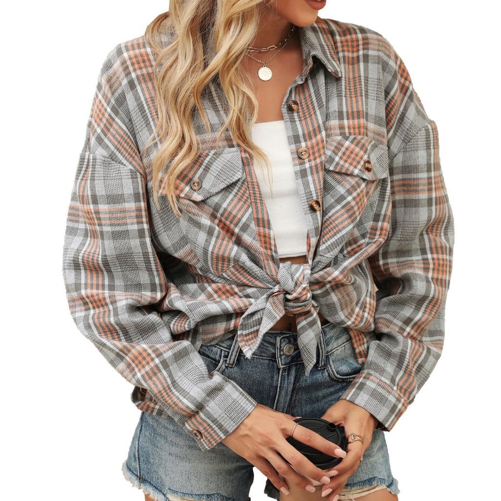 Women's Loose Long Sleeve Plaid Turn-down Collar Pocket Shirt  Autumn Winter New Arrival, Casual Blouse Top for Women, Ready to Ship
