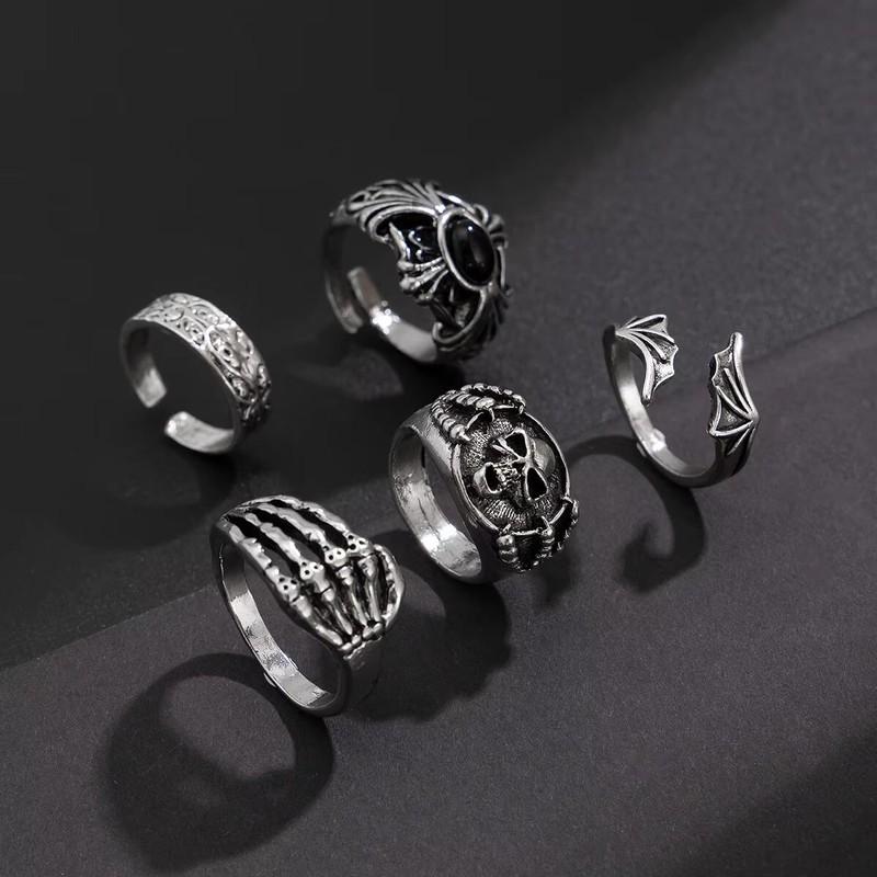 KunJoe Gothic Skull Claw Cross Ring Set for Men Vintage Silver Color Adjustable Open Rings Male Female Skeleton Spider Punk Jewelry Finger