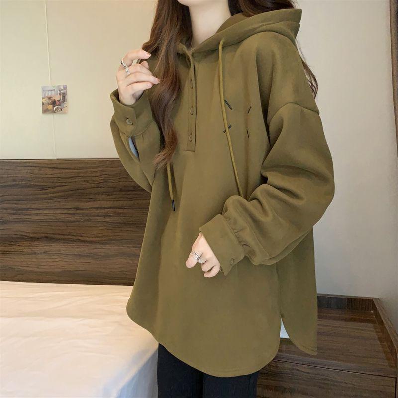 Women's Double-Sided Fleece Hooded Button-Up Loose Long-Sleeve T-Shirt, Slimming Trendy Top - Autumn/Winter 2025