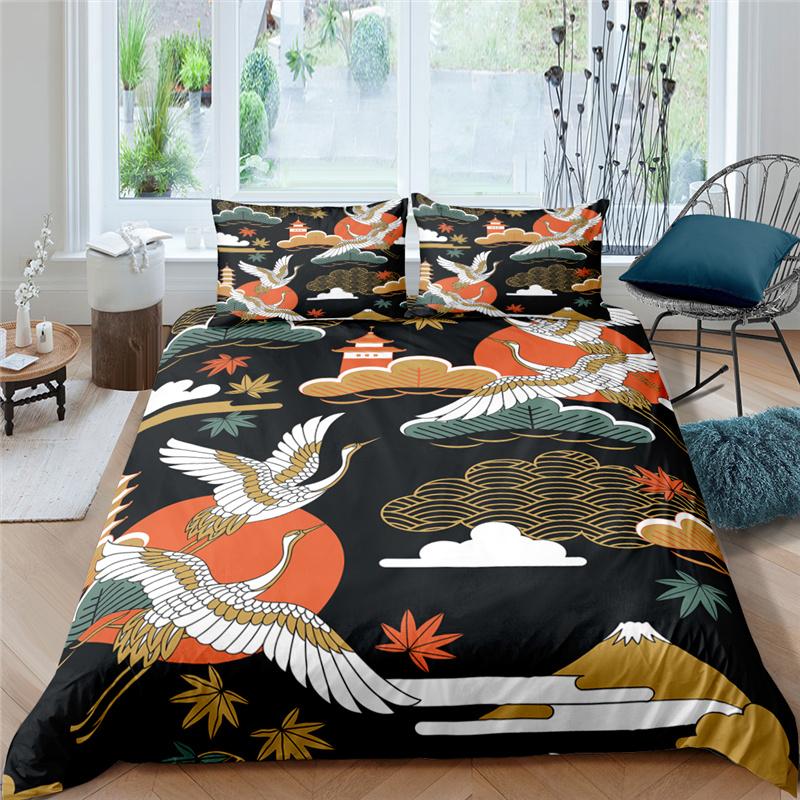 Japanese Crane Duvet Cover King Queen Size Wave Flower Ukiyo-E Style Bedding Set Eastern Culture 2/3Pcs Polyester Quilt Cover