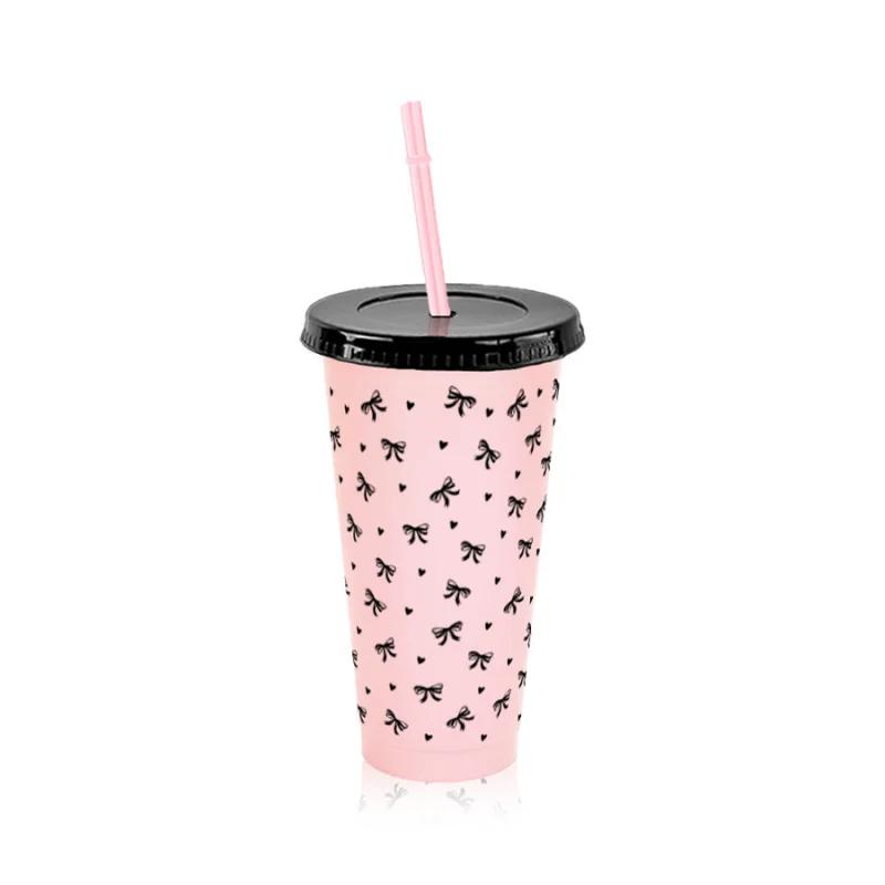 24oz Cute Bow Reusable Plastic Water Cups With Straw Lid Portable Juice Iced Coffee Milk Cups Sports Camping Party Mug Drinkware