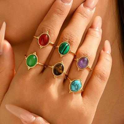 Stainless Steel Natural Stone Ring Women Geometric Oval Crystal Open Ring Retro Palace Style Colorfast Hand Jewelry Accessories