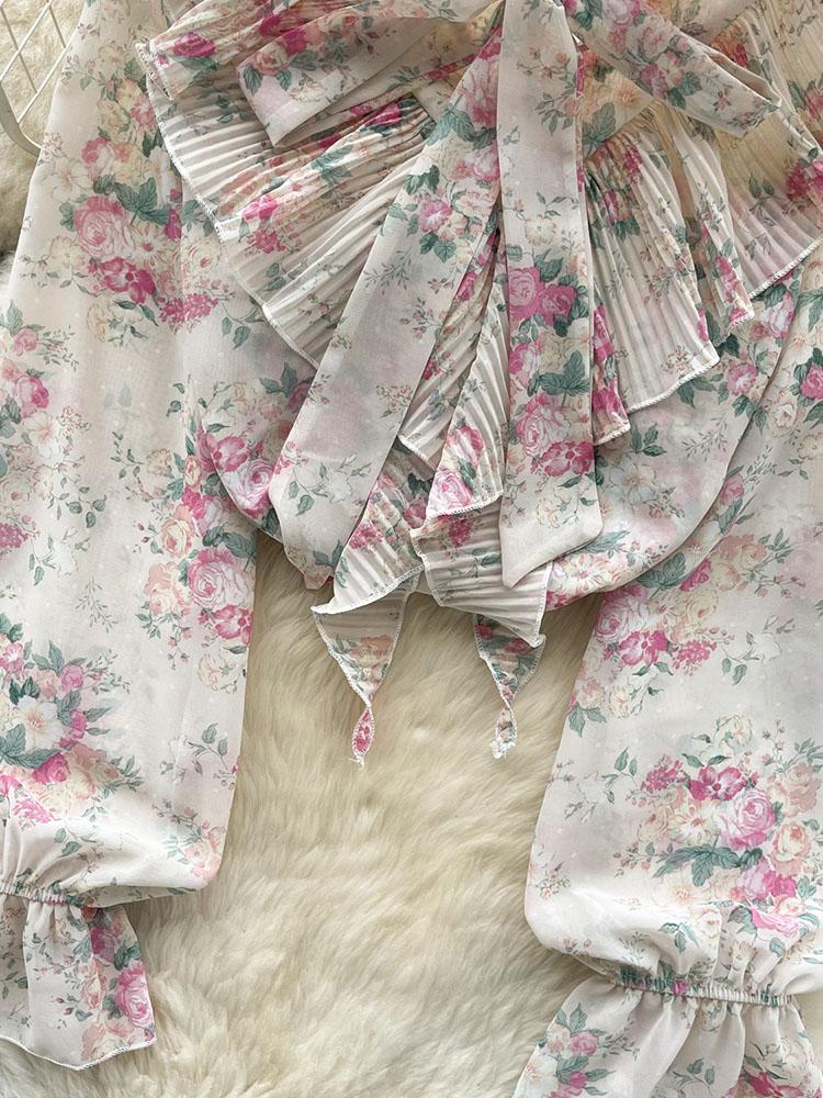 Damen Frühlingsbluse Elegantes Hemd mit Schleifenkragen Patchwork Plissierter Rüschenrand Slim Fit Oberteile Französischer Stil Puffärmel Lässige Bluse