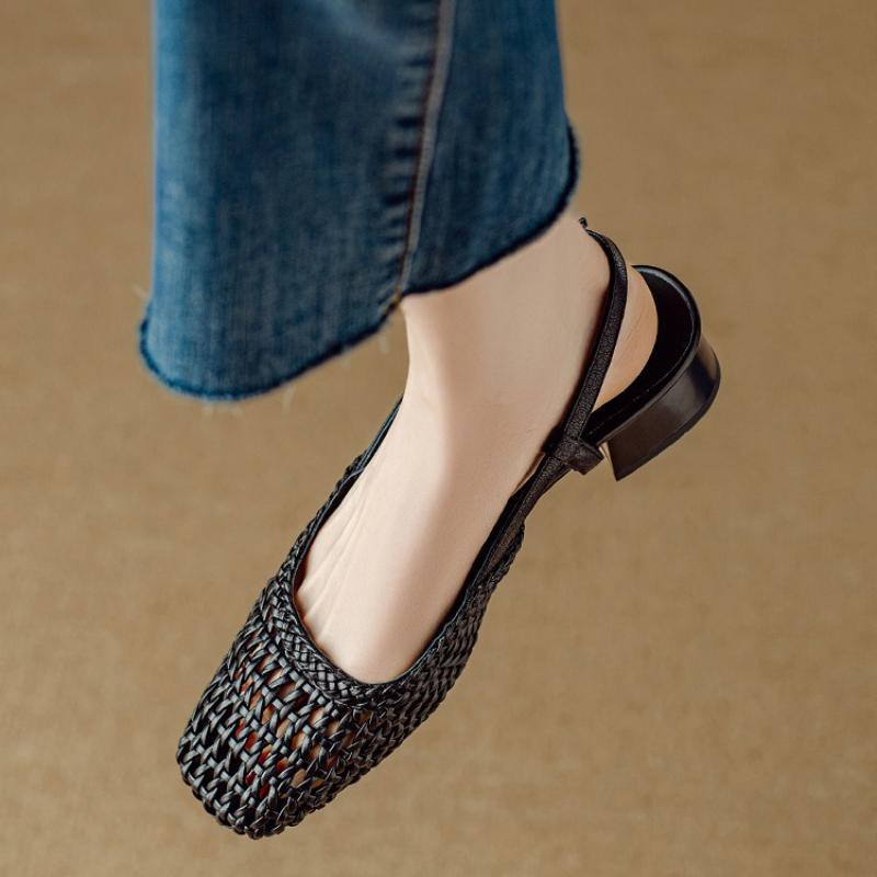 Fashion Women's Fashion Baotou Sandals Summer New Square Head Shallow Hollow Breathable One Line Buckle Sole Heel Shoes