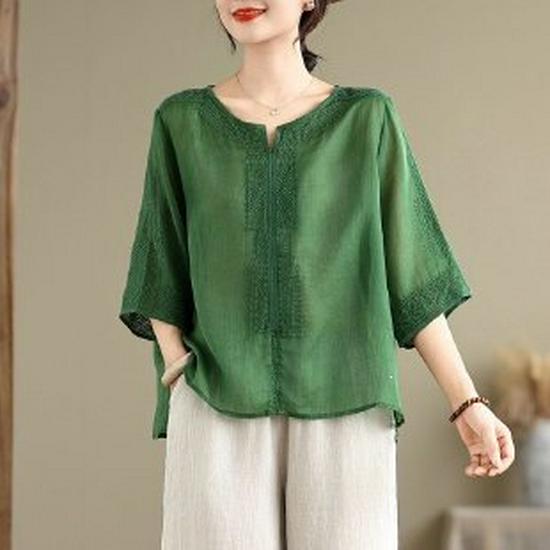 Elegant Chiffon Top: Popular Chinese Style Mid-Aged Women s Five-Point Sleeve Printed T-Shirt 4XL зелёный