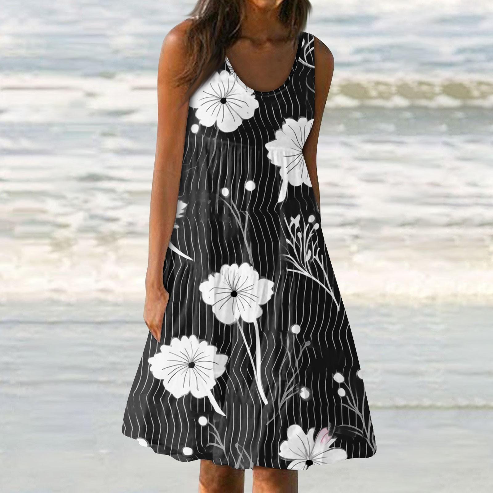 

Женские платья-жилеты Лето-весна Плиссированные богемные платья Симпатичные струящиеся пляжные платья без рукавов Прямая футболка Платья-майки Платья с круглым вырезом L чёрный