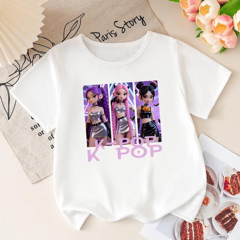 

Girls K-POP Halloween Demon Idol Print Short Sleeve T-Shirt Cute Cartoon Graphic Tee Kids Summer Casual Top 150 білий