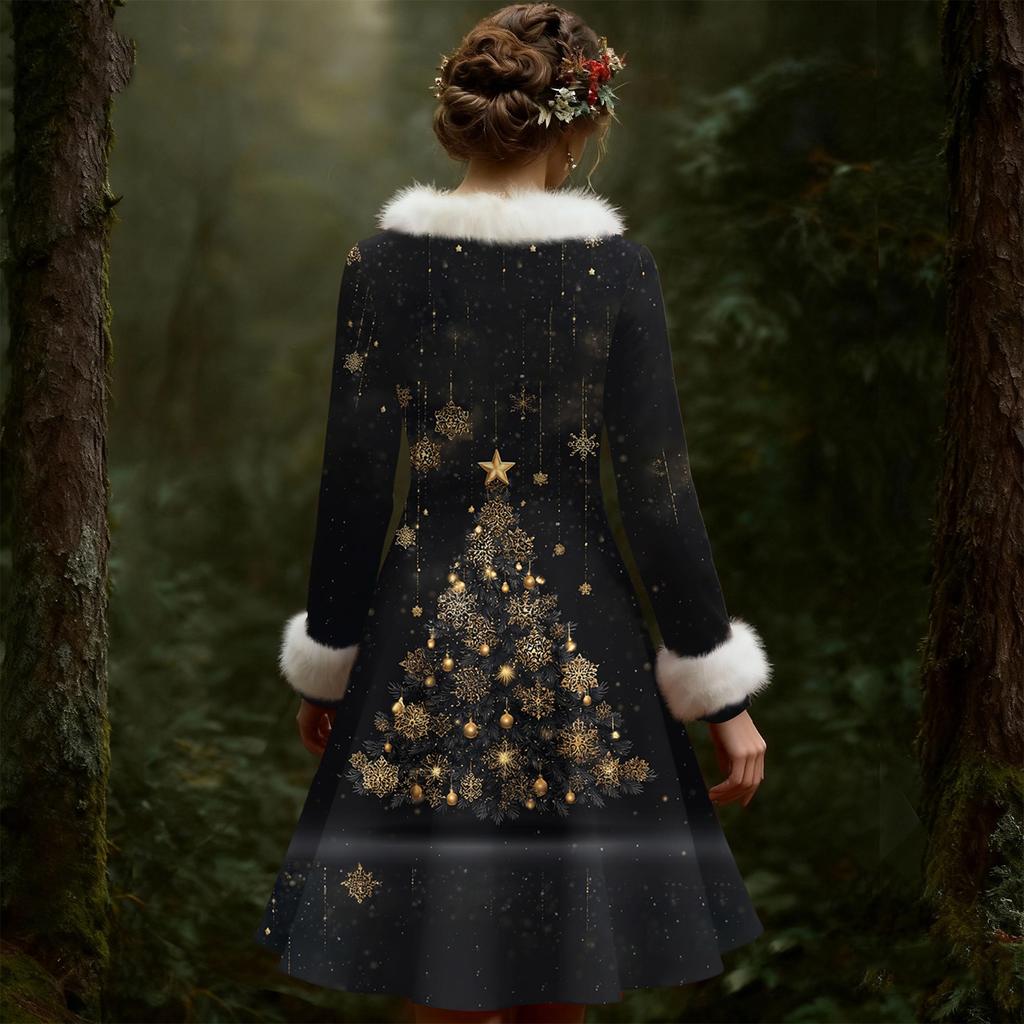 Damska codzienna sukienka z dekoltem w serek, z pluszowym nadrukiem świątecznym i długim rękawem