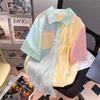Womens Casual Color-Block Short Sleeve Shirt Loose Fit Korean Style College Chic Top