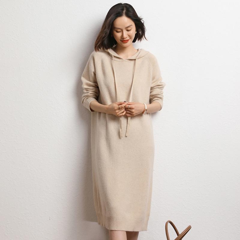 2023 Autumn/Winter Hooded Mid-Length Cashmere Knit Long Dress - Thick, Loose, and Versatile