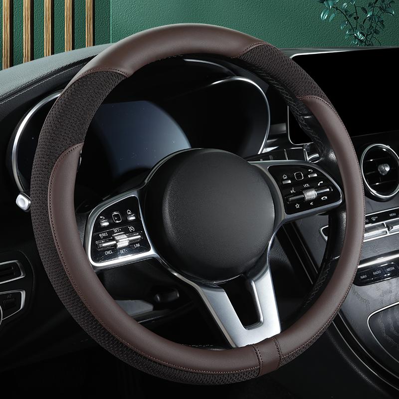 Car Steering Wheel Cover Premium Leather Stitched with Breathable Mesh Fabric FIt for 14.5-15 Inch All Seasons Universal