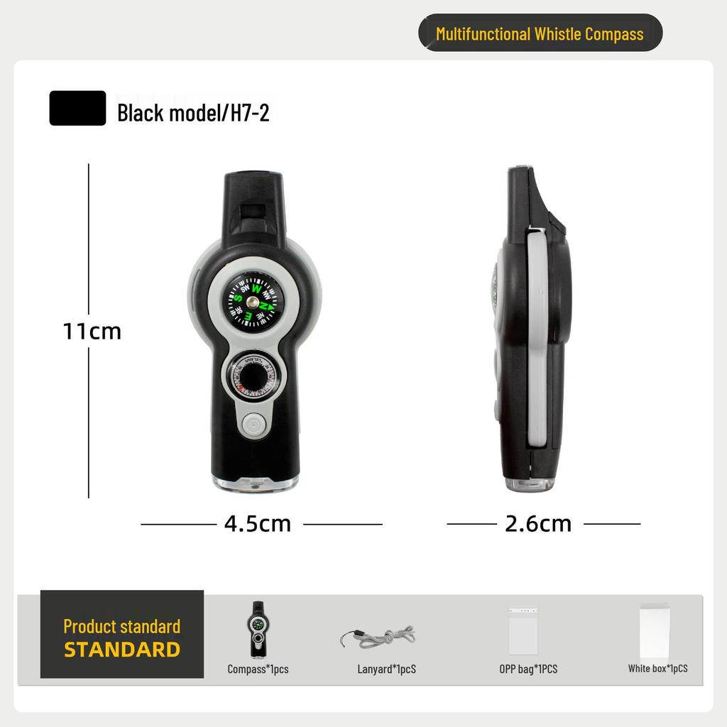 Multifunktionaler Outdoor-Kompass: 7-in-1 Studenten-Lehrhilfe mit Pfeife, LED-Licht und Thermometer.