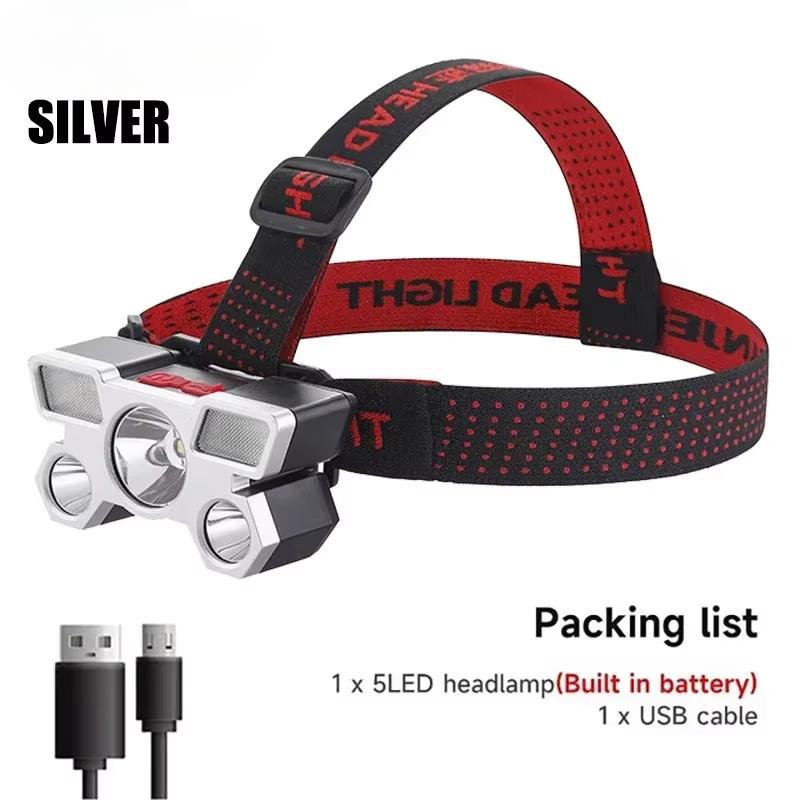 Powerful 5 LED Headlight USB Rechargeable Ultra Bright Headlamp Built-in 18650 Battery Head Torch Outdoor Camping Searchlight