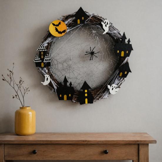 Holiday Festival Pendant Halloween Spider Web Wreath, Spooky Vine Branch Wreath with Ghost Castle Fall Harvest Hanging Ornament Bat for Front