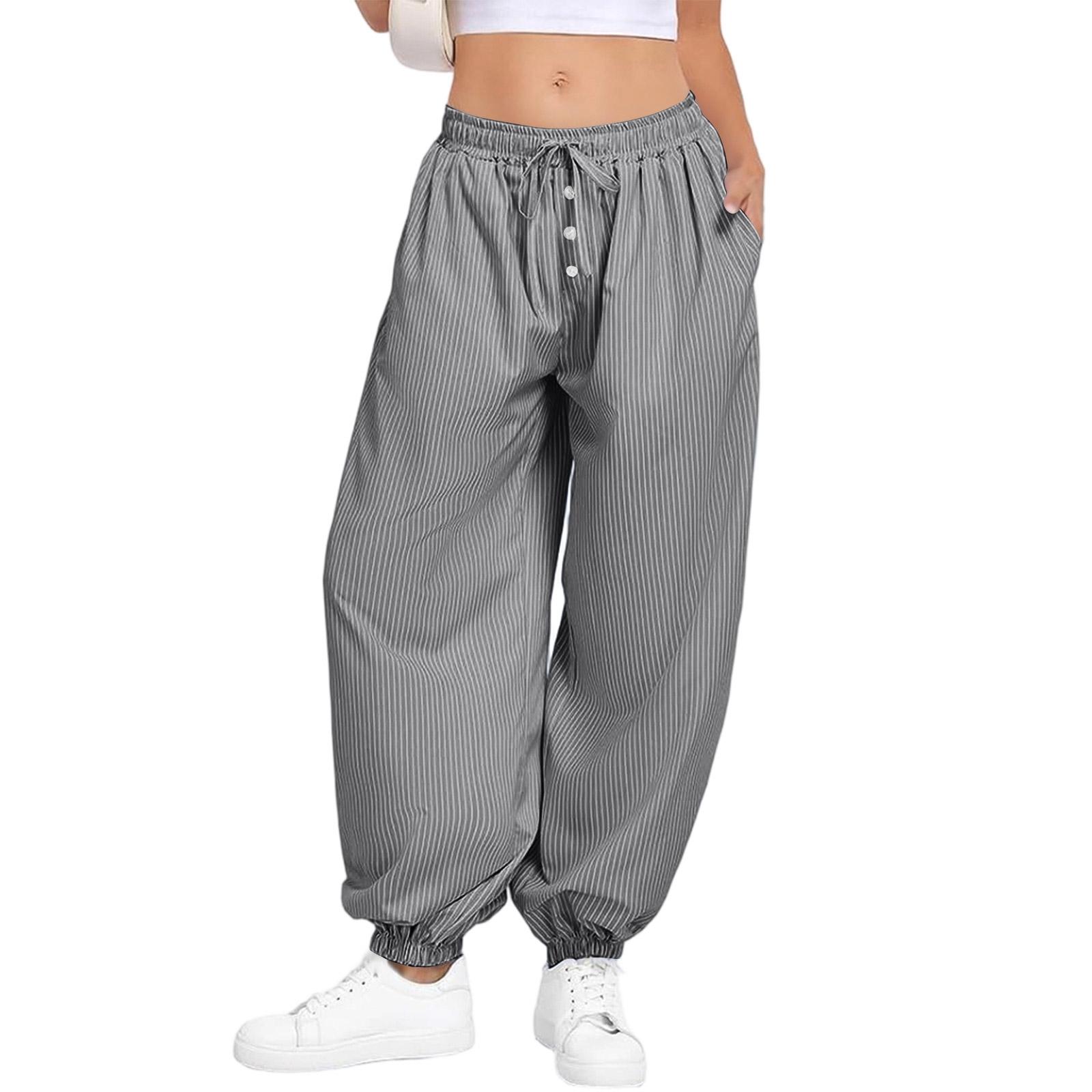 

Women s Fashionable, Casual, Versatile Bucket Striped Wide-leg Pants, Summer Waist-Cinching Pants With Pockets, Beach Vacation Loose Long Pants L