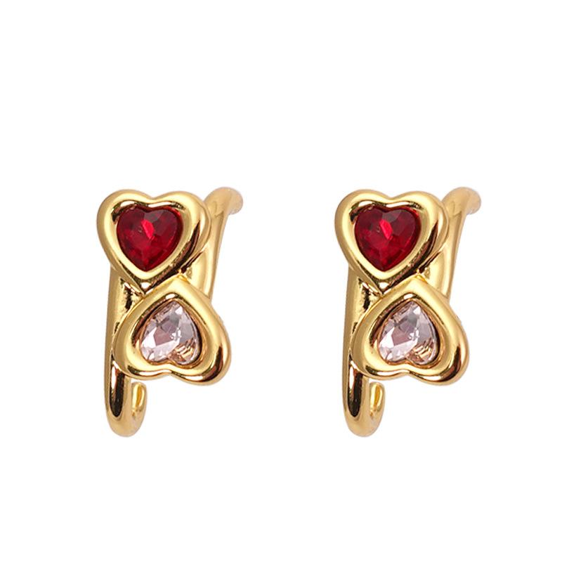 Double Love Stud Contrasting Colors Ruby Women'S Style Fashion Retro Temperament Atmospheric Light Luxury High-End