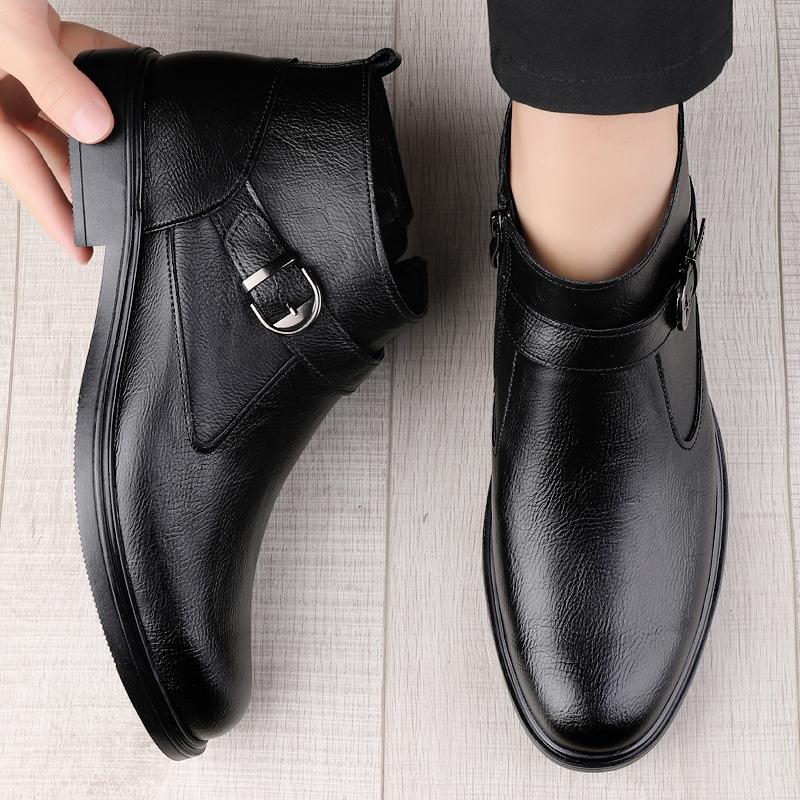 Winter Plush Warm Black Chelsea Mens Boots Business Formal High Top Leather Shoes British Style Low Heel Versatile Wedding Shoes