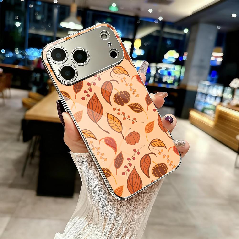 Luxury Leaf Phone Case For iPhone 17 16 15 14 13 12 Pro Max Plus Electroplated Metal Shockproof Bumper Case Glass Back