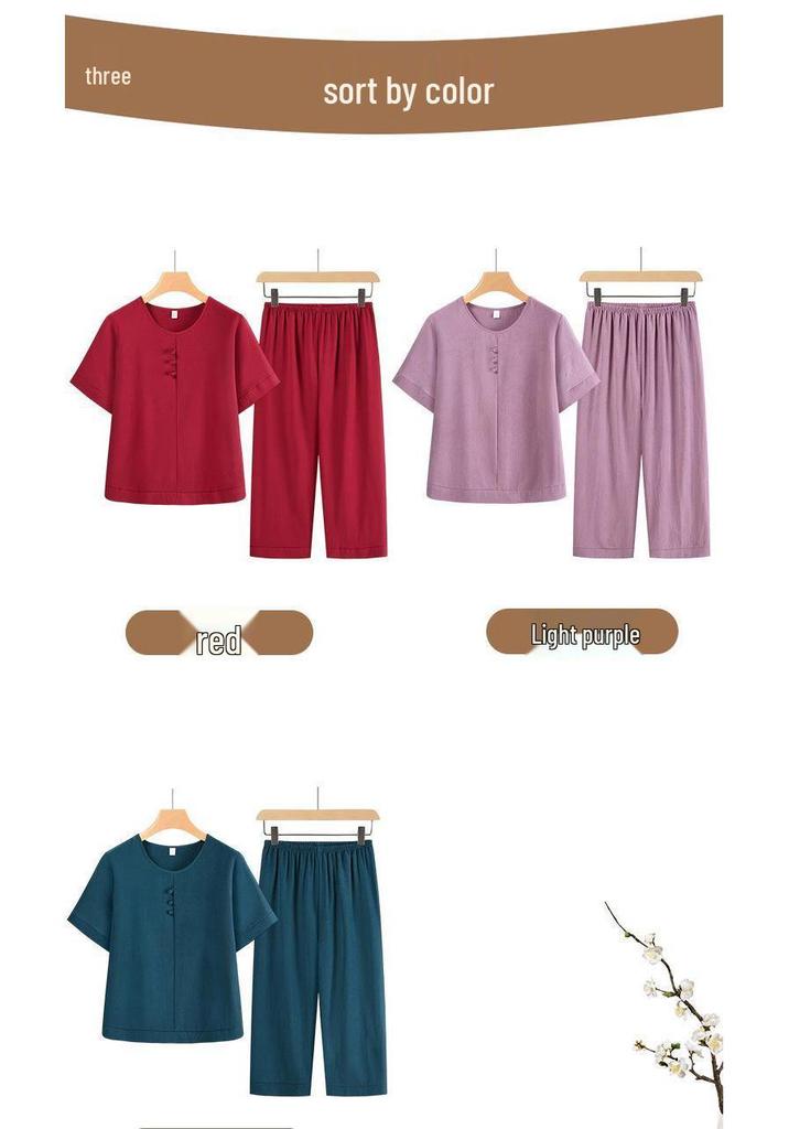 Mamas chinesisches Sommeroutfit: Kurzarm-Oberteil und Hose Set für Frauen mittleren Alters und ältere Frauen