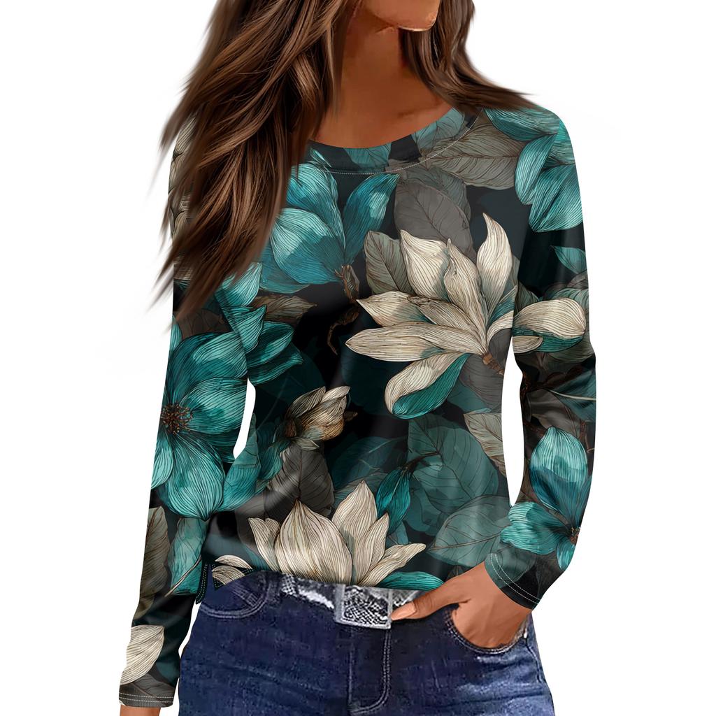 Women's Fashion Hem Slit Casual Retro Floral Print Round Neck Long Sleeve Top