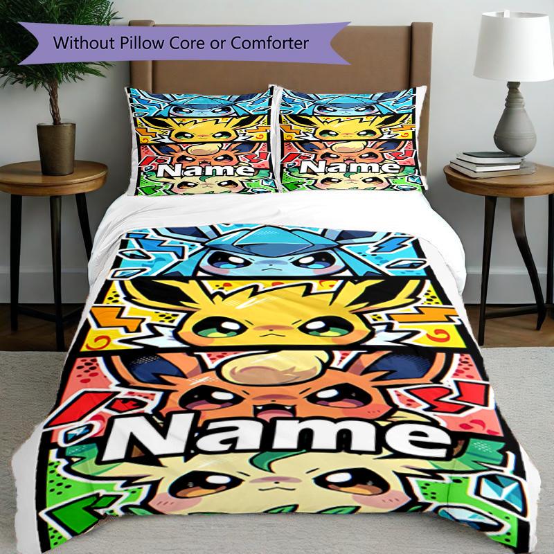 3-teiliges Bettbezug-Set (1 * Bettbezug + 2 * Kissenbezug, ohne Kern), Benutzerdefinierter Name Pokemon Muster Bettwäsche Set, Heim Schlafzimmer Dekor Geschenk