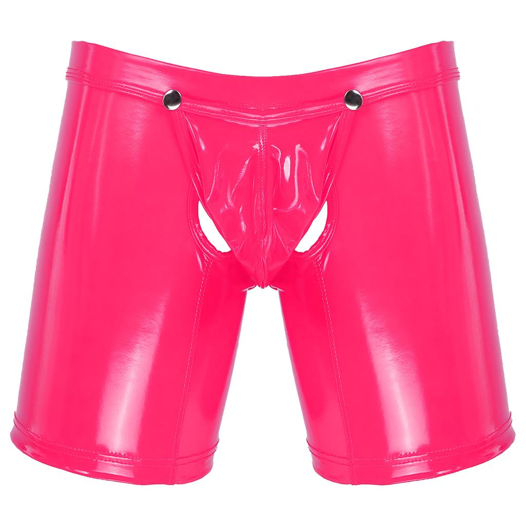 Men Underwear Shiny Metallic Latex Lingerie Erotic Open Butt Boxer Shorts Removable Bulge Pouch Shorts Underpant Boxer Underwear