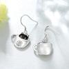 Hand Stamped Daisy Pattern Coffee Cup Drop Earrings Enamel Black Cat with Gold Eyes Silver Hook Lovely Ladies Casual Accessories