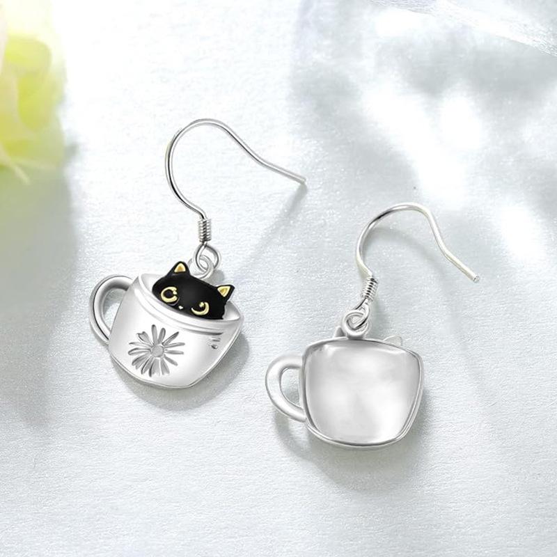 Hand Stamped Daisy Pattern Coffee Cup Drop Earrings Enamel Black Cat with Gold Eyes Silver Hook Lovely Ladies Casual Accessories