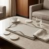 PU Leather Serving Tray Wavy Handles Decorative SilverToned for Coffee Table Gray S