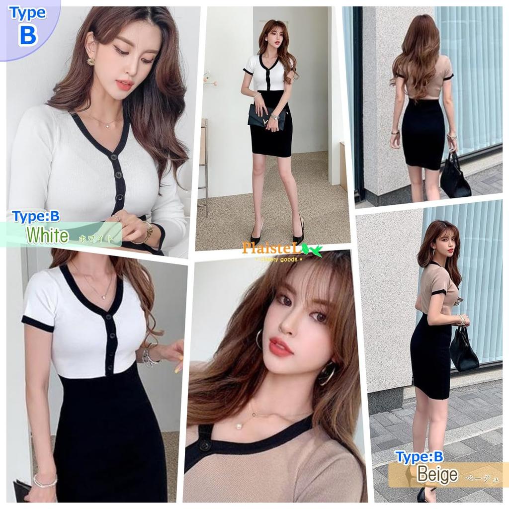 PlaisteL Knit Dress B Short Retro Tight Mini Summer Available In Black and White Women's Knee-Length (Type White), Sleeve, Two-Tone, Two-Color,