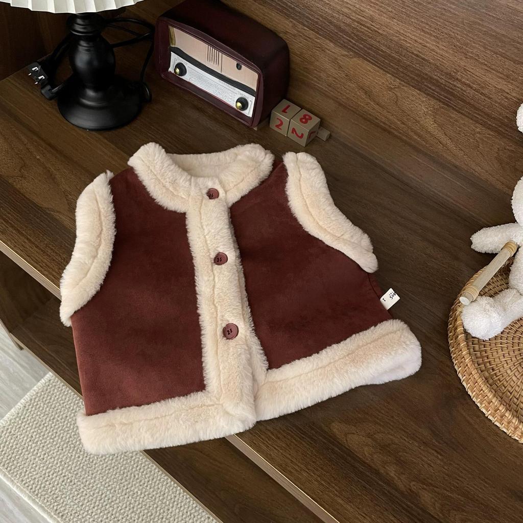 Chic Lambswool-Lined Suede Fleece Vest for Baby Girls - Winter Korean-Style Warmth